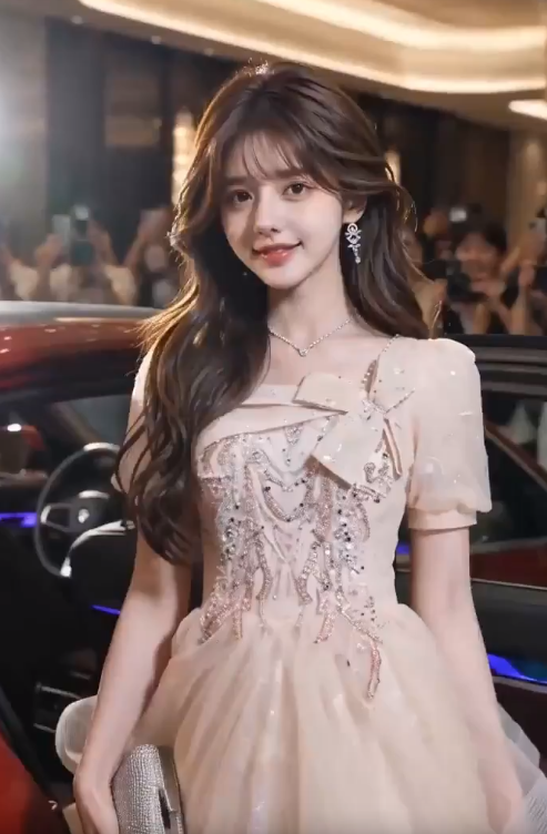 生成一段女生【@图1】在化妆间里化妆准备参将晚宴，开跑车出行